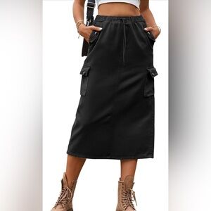 Women's Drawstring Waist Flap Pocket Cargo Skirt Back Slit Midi Skirt. XL NWT